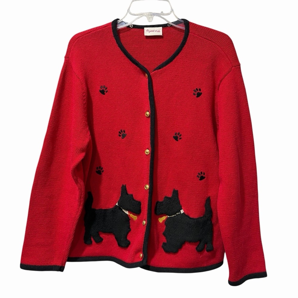 Vintage Crystal Kobe Scottie Dog Cardigan Sweater‎ Size Medium Gold Buttons